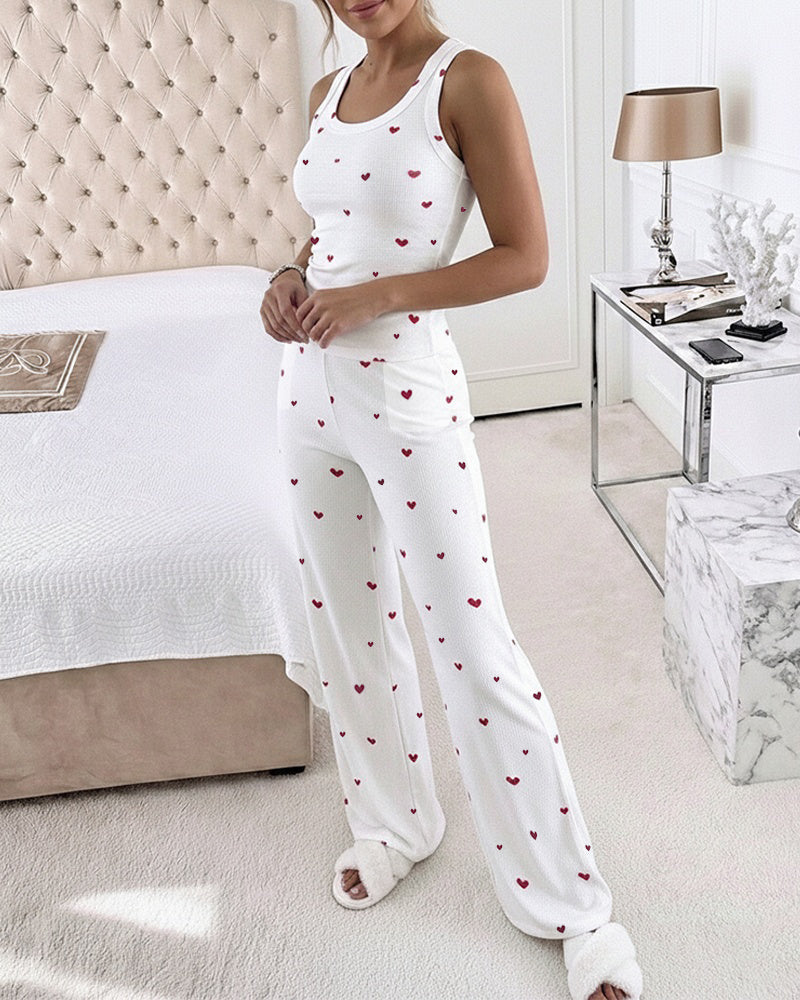 CHICME Women's Heart Print Rib-Knit Lounge Set Sleeveless Racerback Tank Top and High-Waisted Pants with Pockets