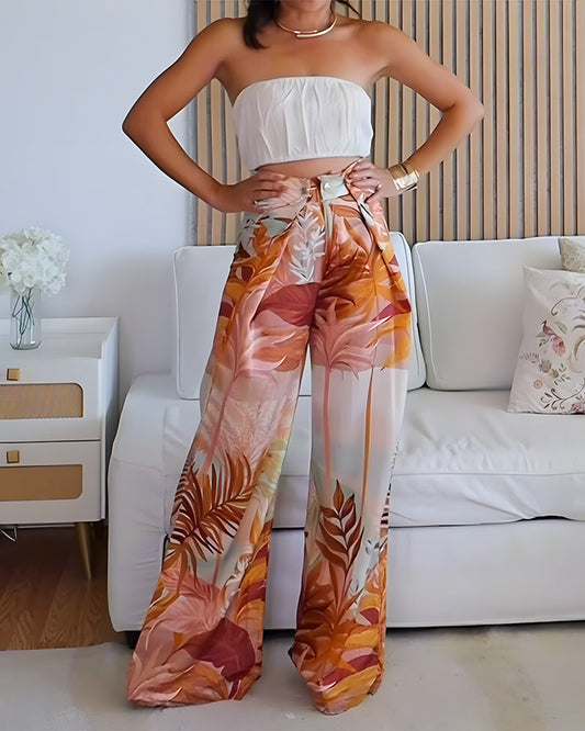 CHICME Women's Tropical Print Wide Leg Pants High Waisted Vacation Trousers with Zipper and Elastic Back Waist