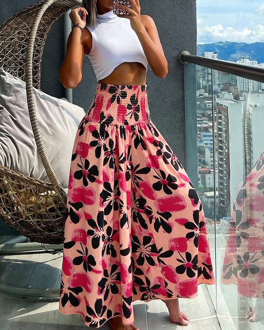 CHICME Women's Dopamine Style Floral Wide Leg Pants High Waisted Shirred Waist A-Line Trousers Flowy Boho Vacation Palazzo Pants
