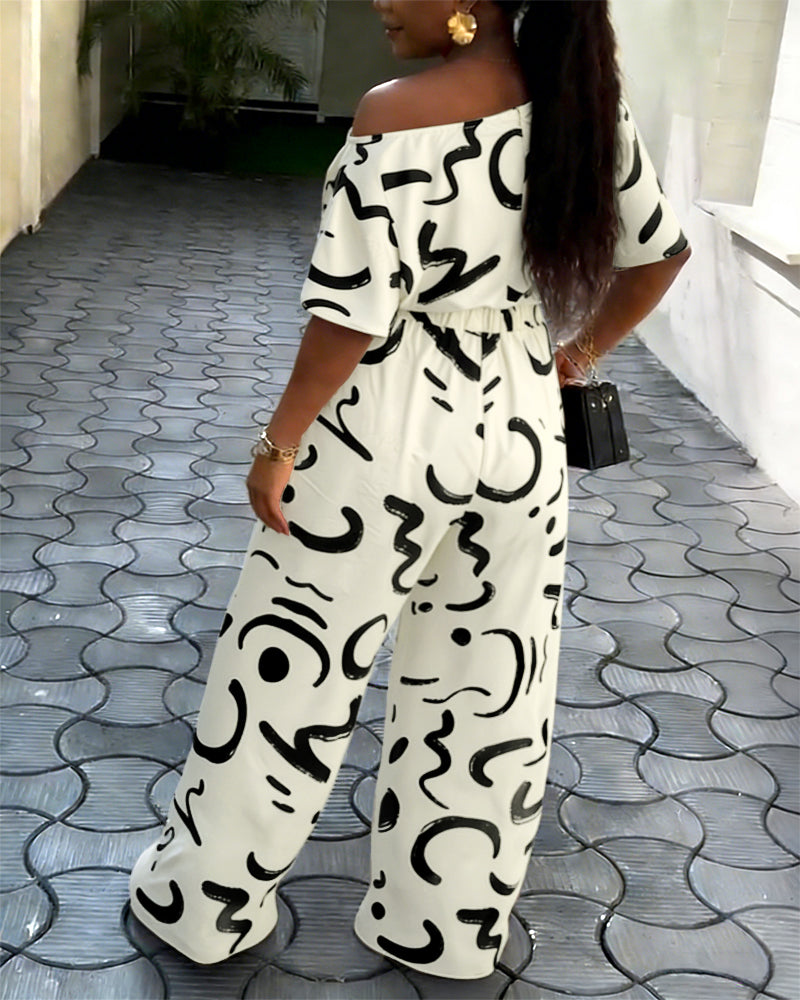 Abstract Print Skew Neck Jumpsuit High Waisted Drawstring Wide Leg