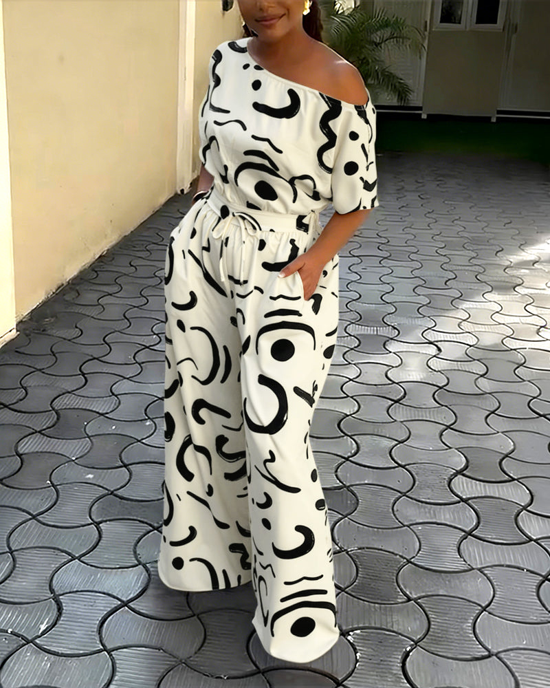 Abstract Print Skew Neck Jumpsuit High Waisted Drawstring Wide Leg