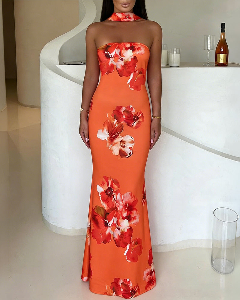 Tropical Floral Print Mermaid Maxi Dress Convertible Halter Tube Dress