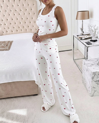 CHICME Women's Heart Print Rib-Knit Lounge Set Sleeveless Racerback Tank Top and High-Waisted Pants with Pockets