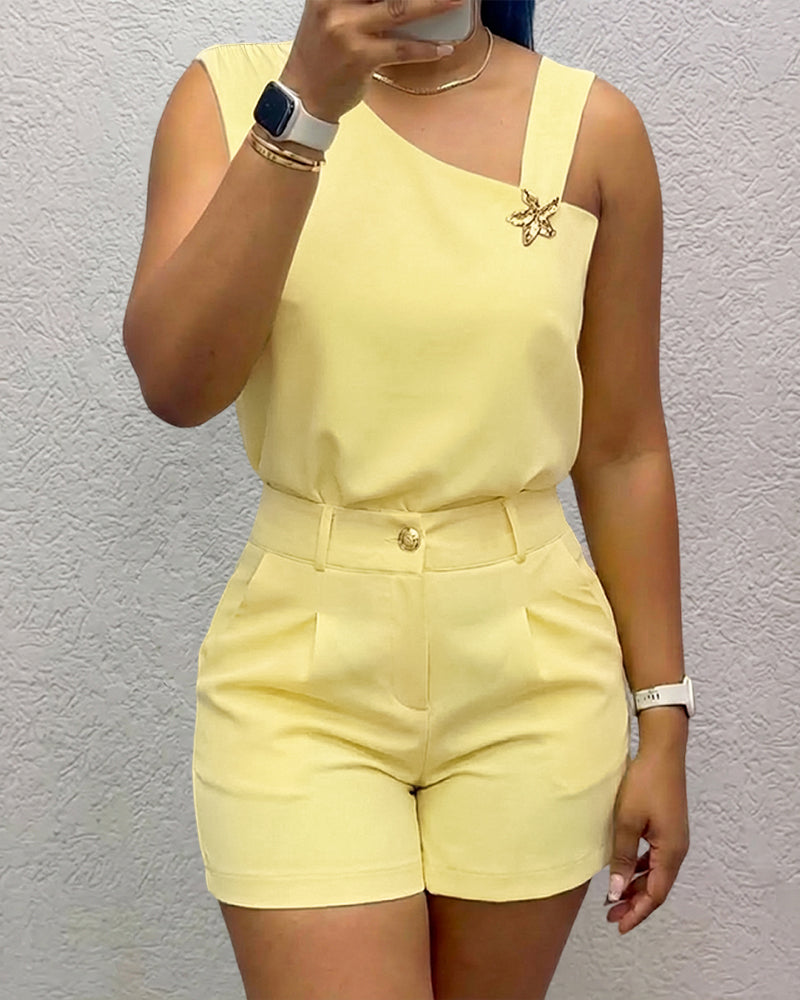 2-Piece Short Set Asymmetrical Neck Sleeveless Top and High-Waist
