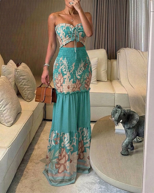 CHICME Women's Tropical Floral Bandeau Dress Sexy Drawstring Cutout Shirred Waist Mermaid Dress Ruffle Hem Vacation Maxi Dress