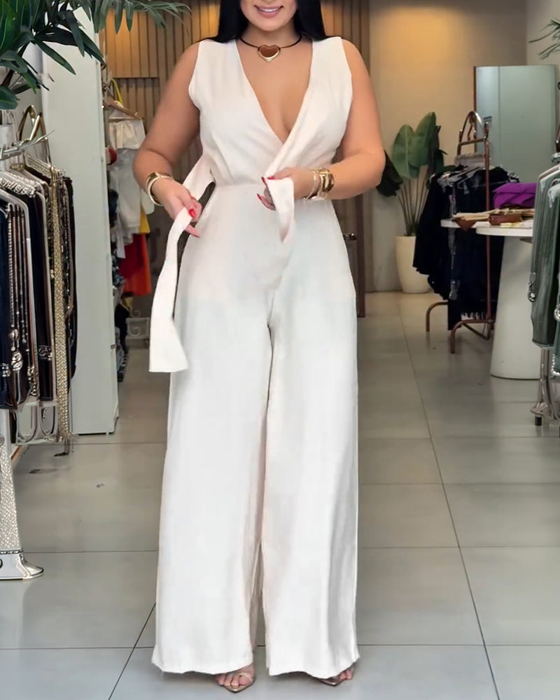 Overlap V-Neck Sleeveless Wide Leg Jumpsuit High Waist Tie-Waist Romper