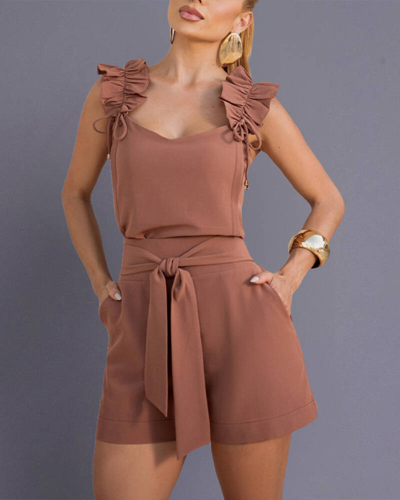 2 Piece Shorts Set Ruffle Strap Sleeveless Top and High Waisted Shorts
