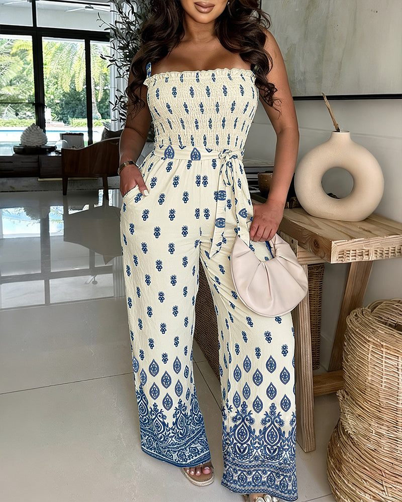 Bohemian Print Jumpsuit 2-Way Strapless Wide Leg Romper