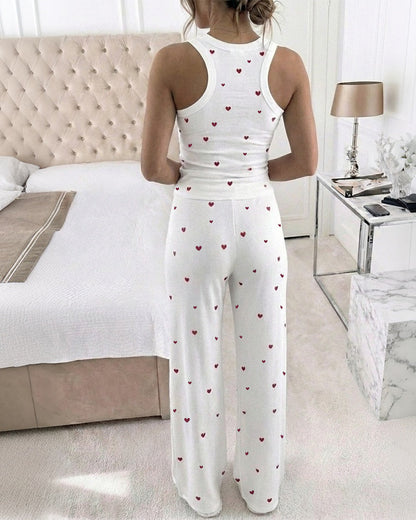 CHICME Women's Heart Print Rib-Knit Lounge Set Sleeveless Racerback Tank Top and High-Waisted Pants with Pockets