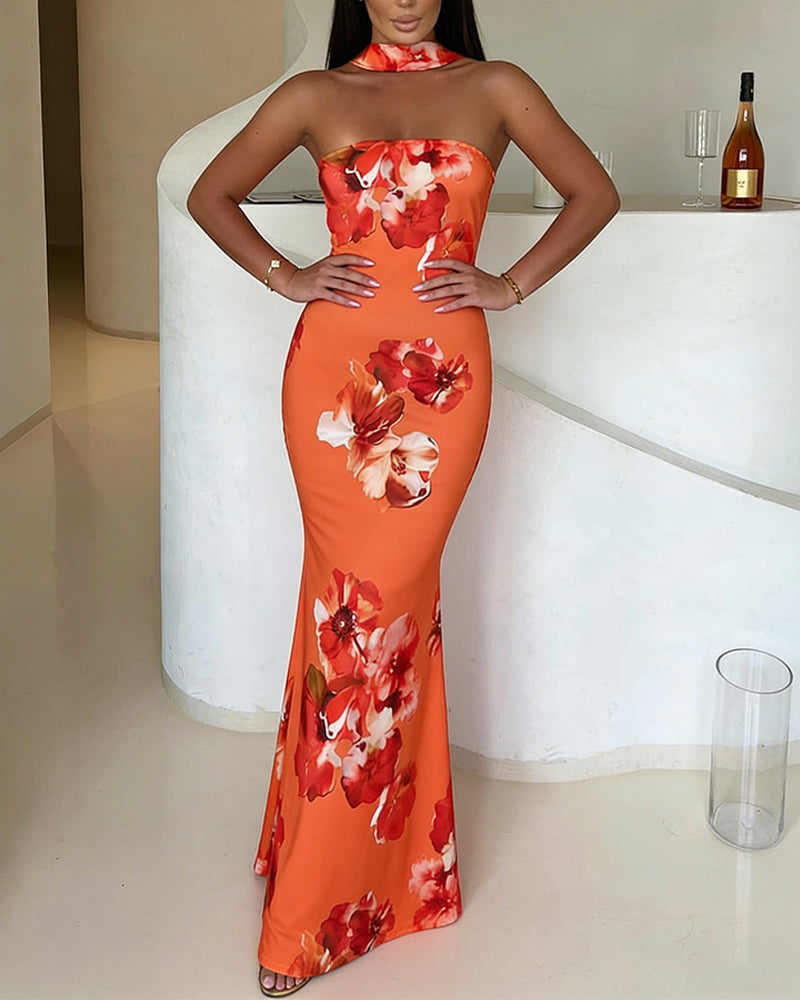 Tropical Floral Print Mermaid Maxi Dress Convertible Halter Tube Dress