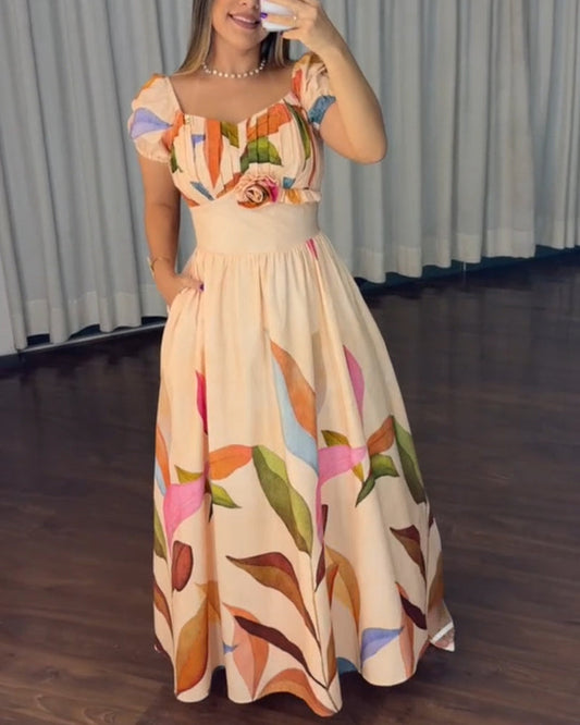 CHICME Women's Botanical Print Maxi Dress Vintage Puff Sleeve V-Neck A-Line Dress 3D Flower Detail Shirred Back Vacation Dress with Pockets