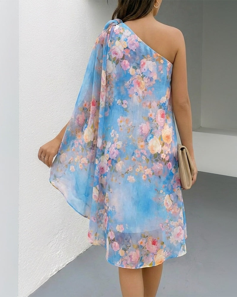 Floral Print One-Shoulder Chiffon Dress 3D Floral