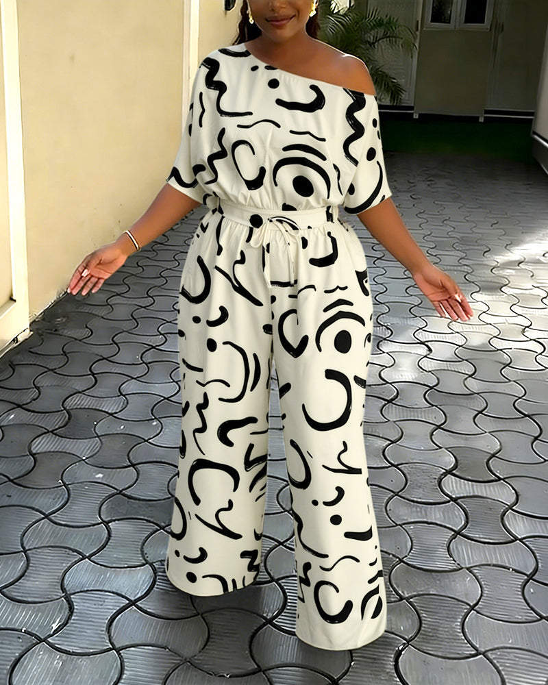 Abstract Print Skew Neck Jumpsuit High Waisted Drawstring Wide Leg