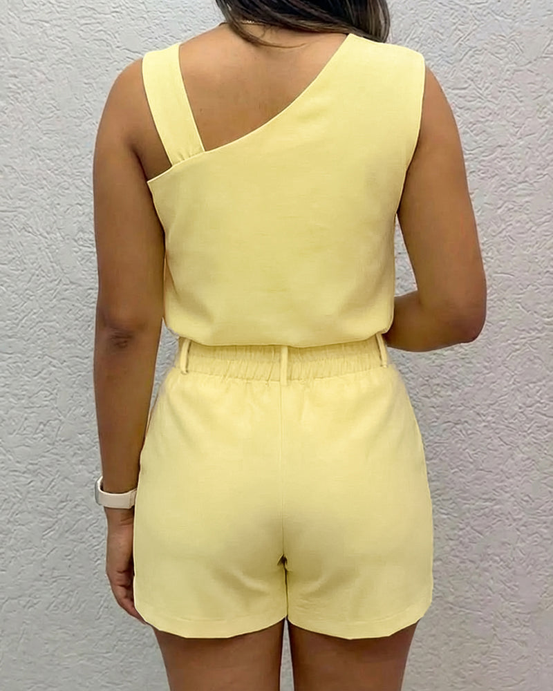 2-Piece Short Set Asymmetrical Neck Sleeveless Top and High-Waist