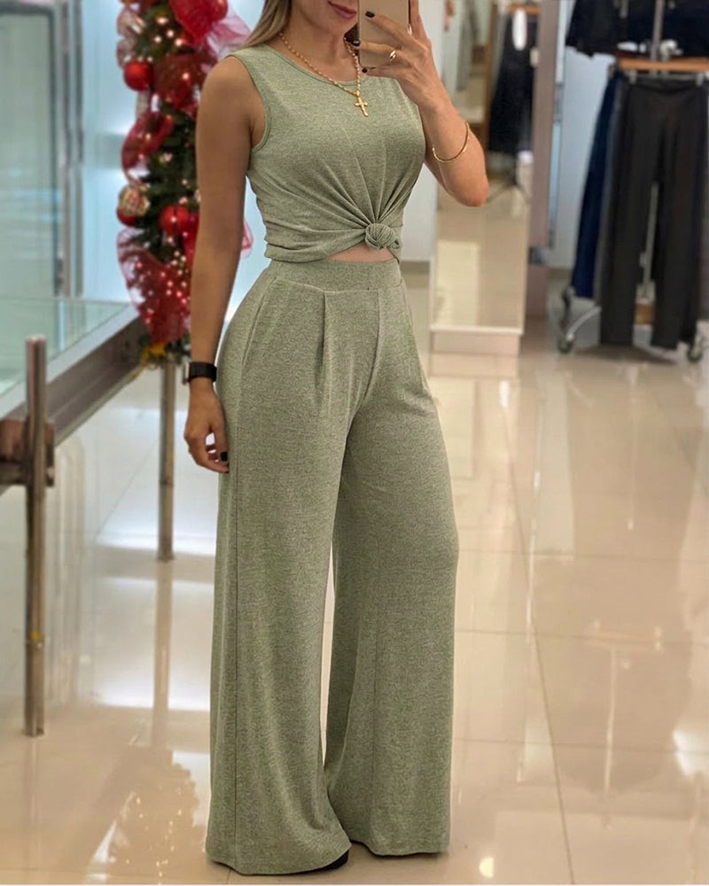 2-Piece Sleeveless Knit Lounge Set Round Neck Tank Top