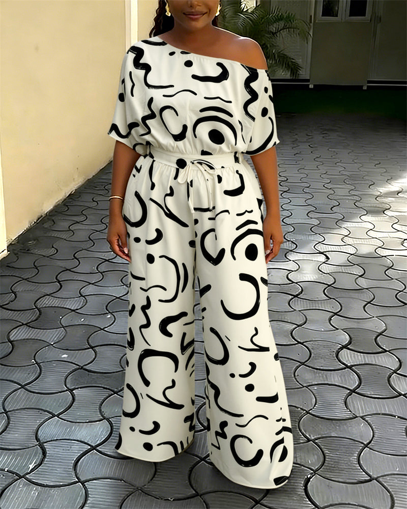 Abstract Print Skew Neck Jumpsuit High Waisted Drawstring Wide Leg