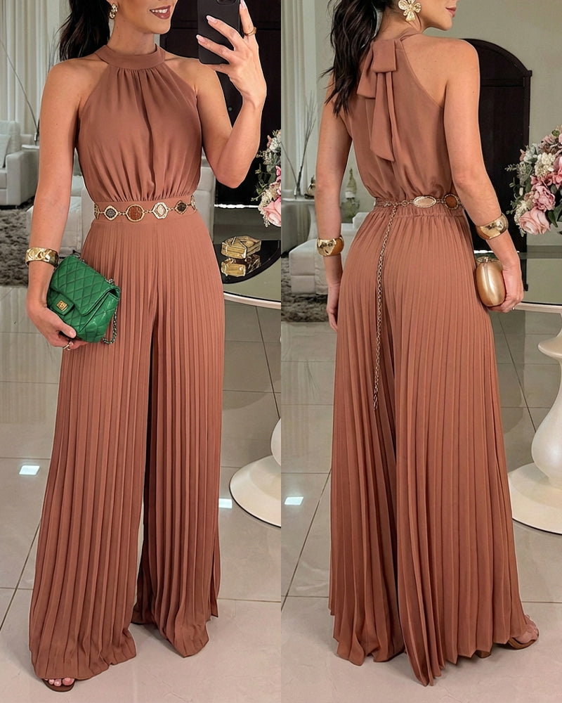 Halter Tie Wide Leg Jumpsuit Pleated High Waist One-Piece Romper Elegant