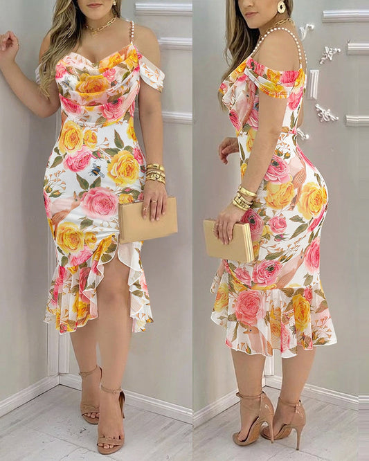 CHICME Women's Watercolor Rose Print Mesh Asymmetrical Hem Dress Pearl Beaded Stretchy Straps Cowl Neck Ruched Side Slit Bodycon Dress