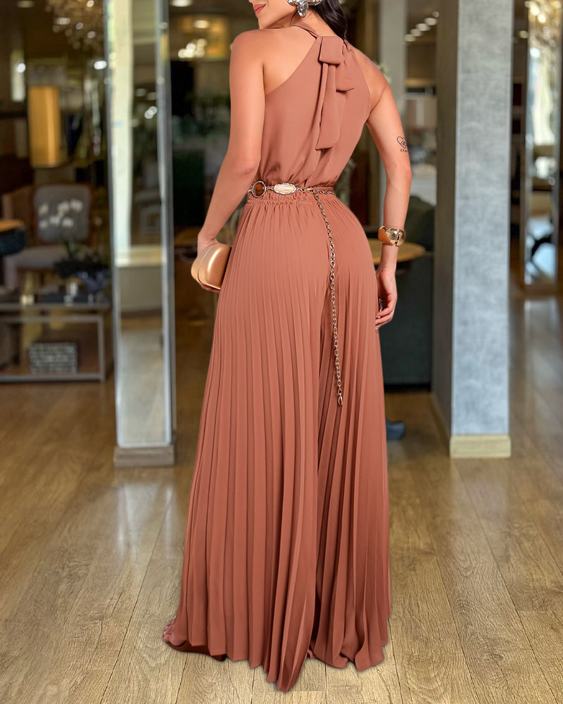 Halter Tie Wide Leg Jumpsuit Pleated High Waist One-Piece Romper Elegant