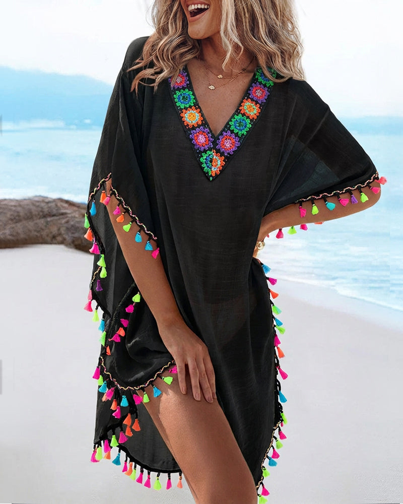 Bohemian V-Neck Beach Cover-Up Ethnic Embroidered Tassel Kaftan Loose