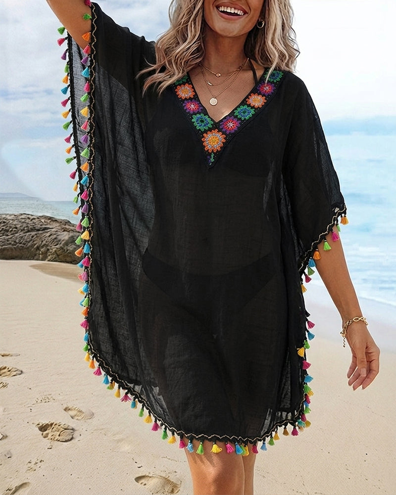 Bohemian V-Neck Beach Cover-Up Ethnic Embroidered Tassel Kaftan Loose