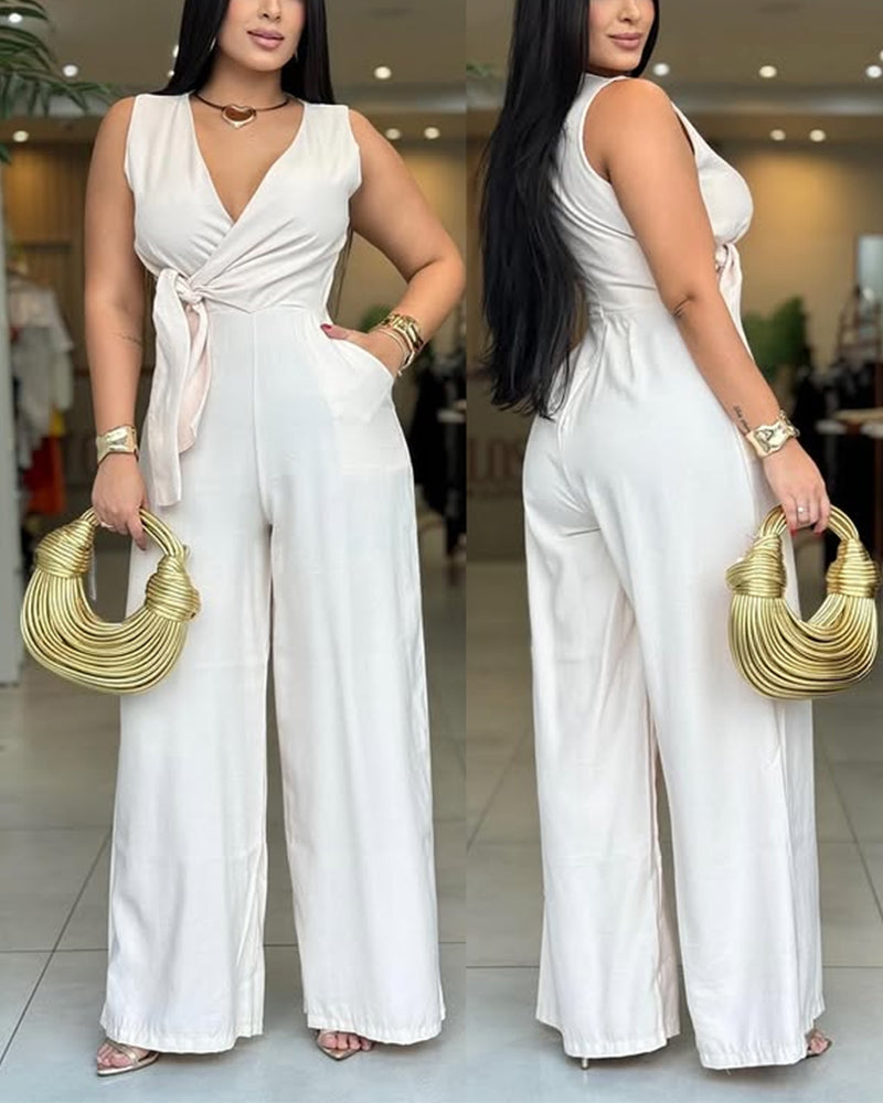 Overlap V-Neck Sleeveless Wide Leg Jumpsuit High Waist Tie-Waist Romper