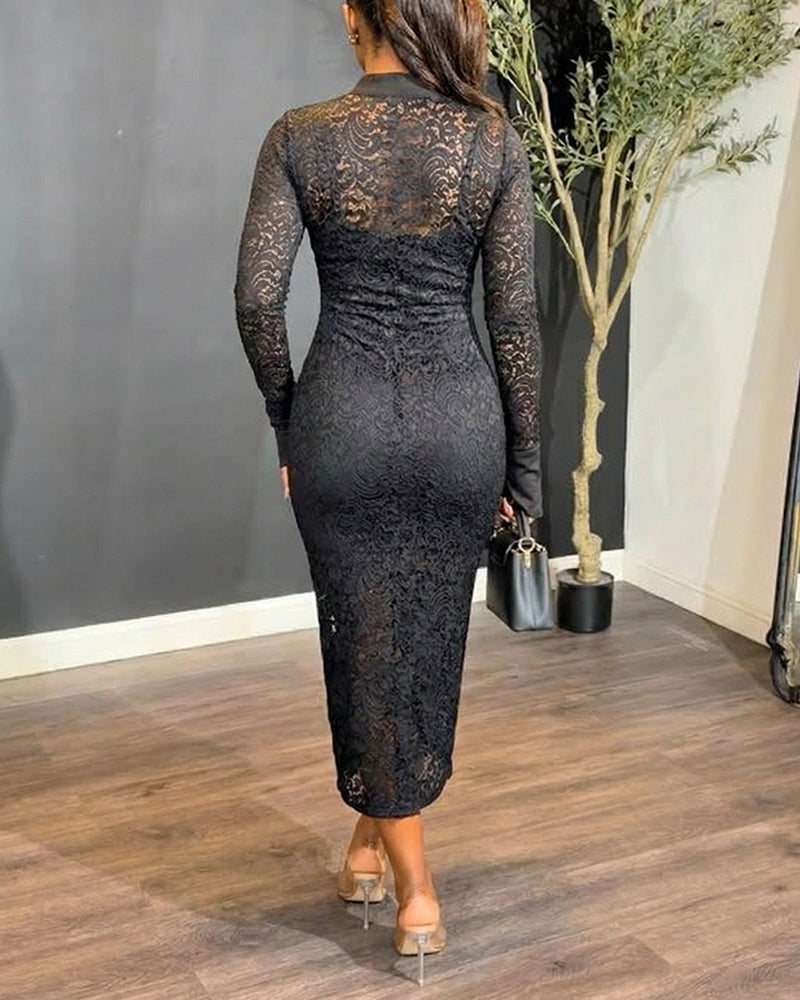 Stand Collar Floral Lace Mid-length Dress Long Sleeve Button Dress
