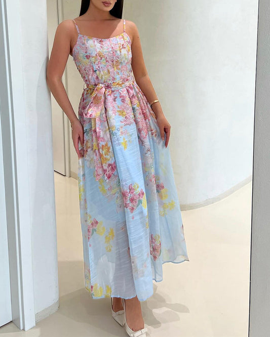 CHICME Women's Watercolor Floral Cami Dress Adjustable Straps High Waist A-Line Maxi Dress with Matching Belt