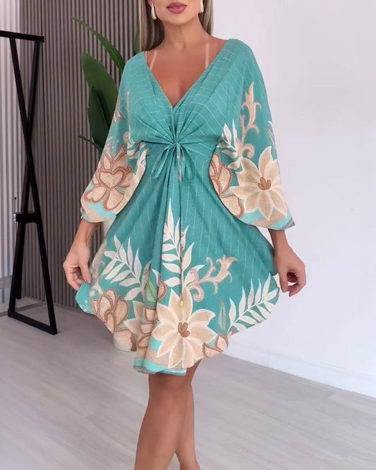 CHICME Women's Tropical Print V-Neck Asymmetrical Hem Dress Drawstring Ruched Waist A-Line Boho Vacation Dress