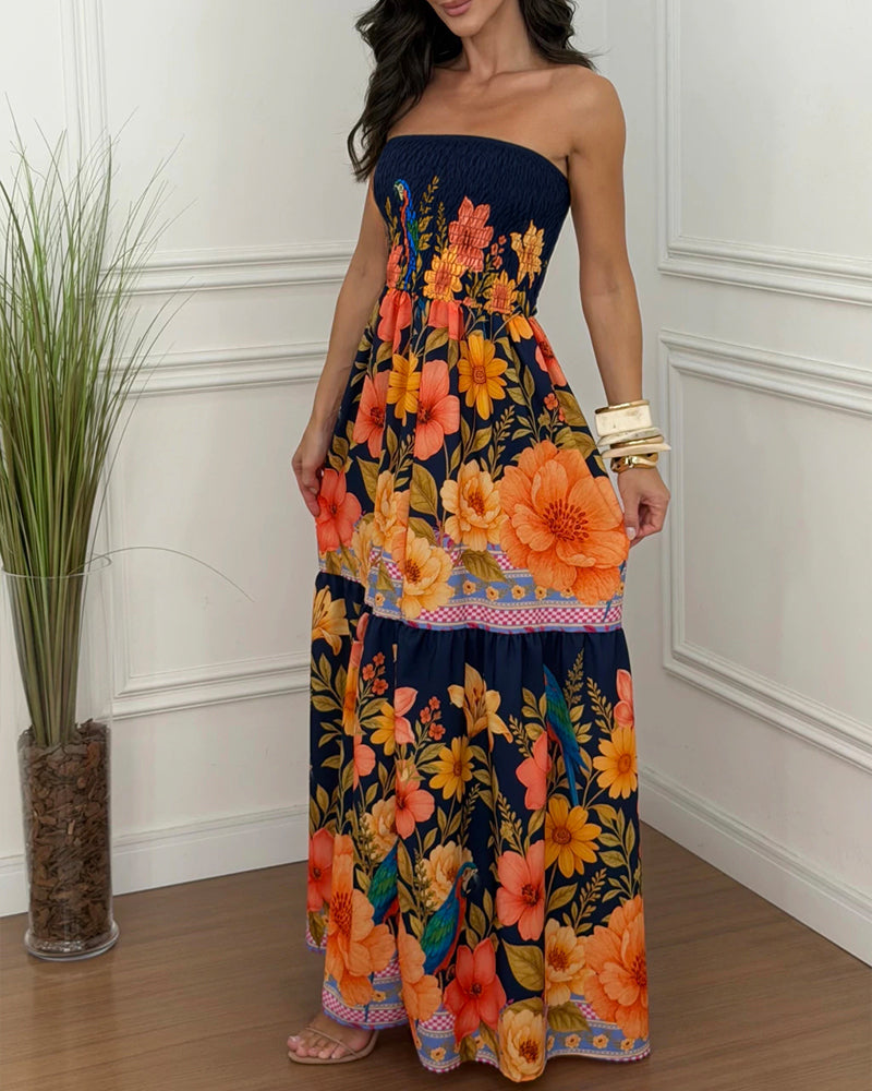 Tropical Floral Print Bandeau Maxi Dress Shirred Ruffle Hem Vacation Dress