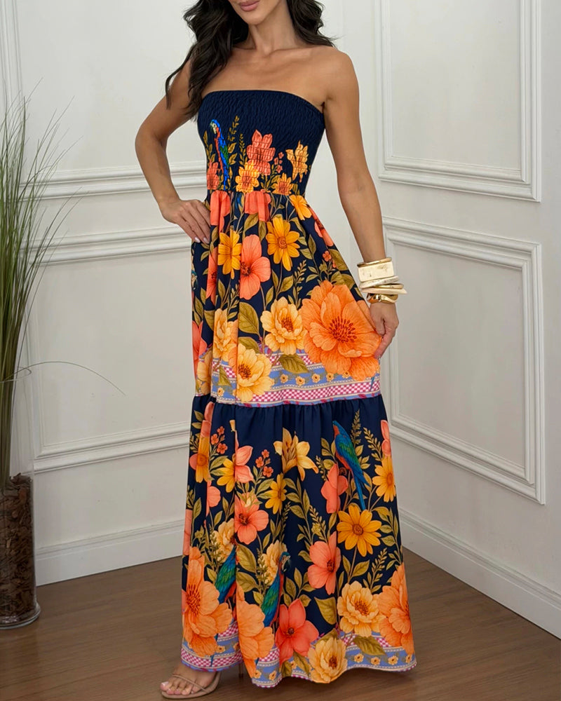Tropical Floral Print Bandeau Maxi Dress Shirred Ruffle Hem Vacation Dress
