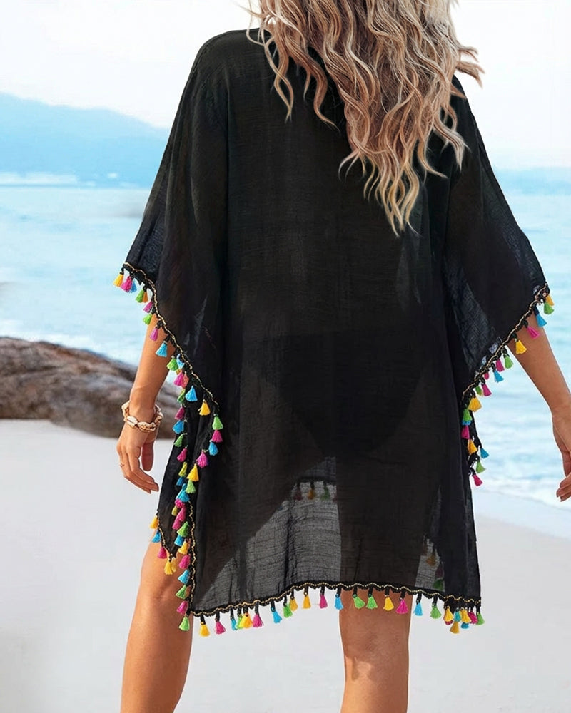 Bohemian V-Neck Beach Cover-Up Ethnic Embroidered Tassel Kaftan Loose