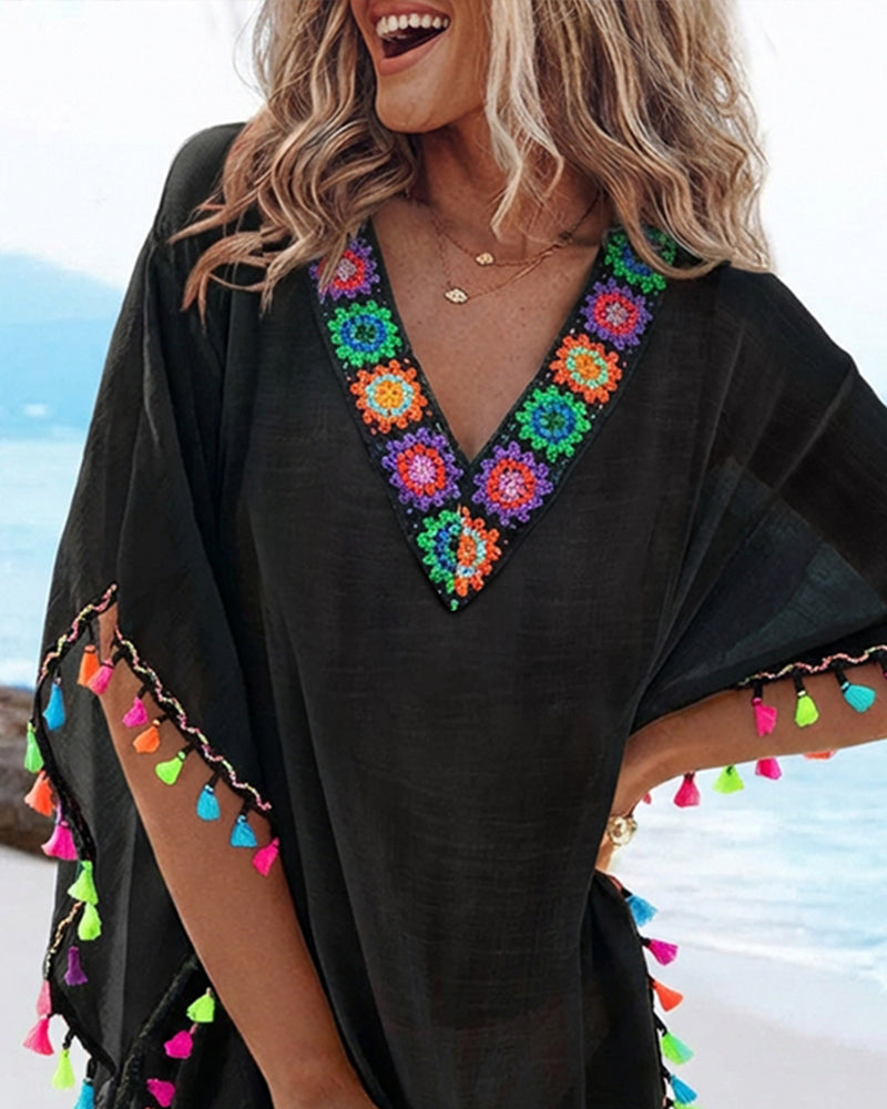 Bohemian V-Neck Beach Cover-Up Ethnic Embroidered Tassel Kaftan Loose