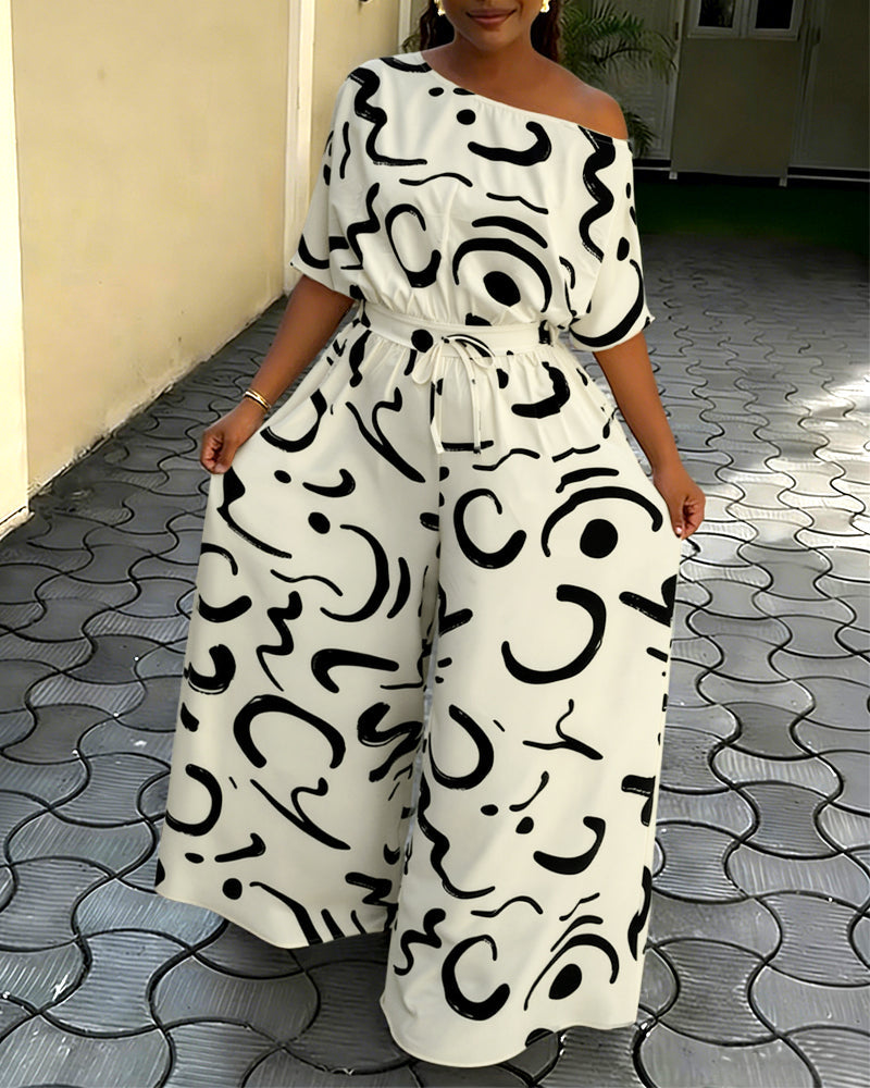 Abstract Print Skew Neck Jumpsuit High Waisted Drawstring Wide Leg