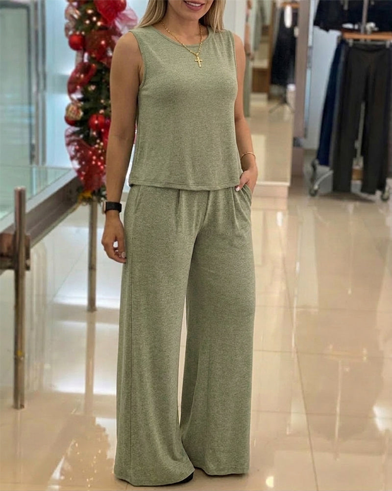2-Piece Sleeveless Knit Lounge Set Round Neck Tank Top
