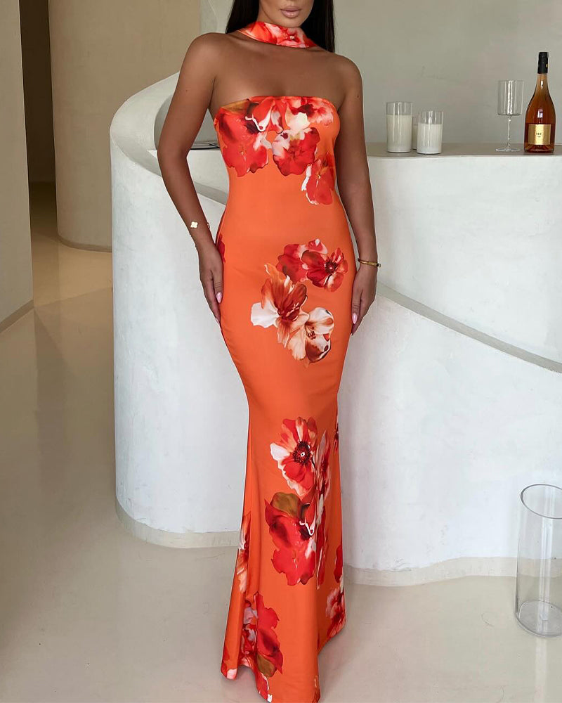 Tropical Floral Print Mermaid Maxi Dress Convertible Halter Tube Dress