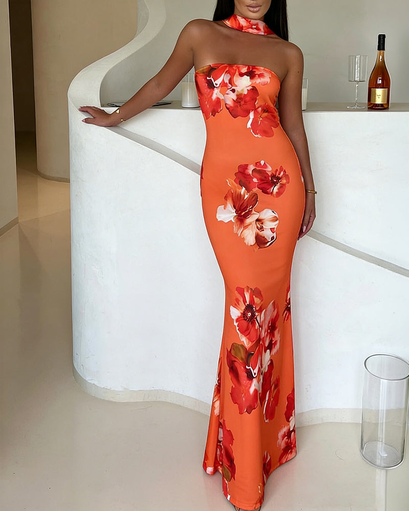 Tropical Floral Print Mermaid Maxi Dress Convertible Halter Tube Dress