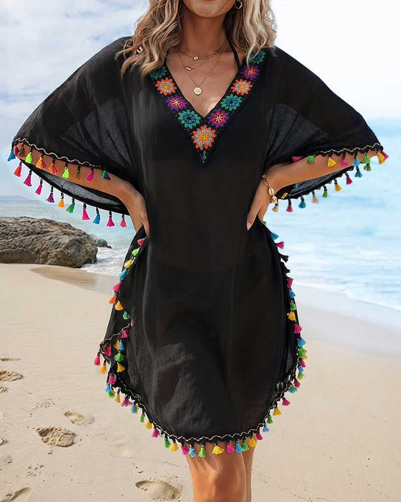 Bohemian V-Neck Beach Cover-Up Ethnic Embroidered Tassel Kaftan Loose