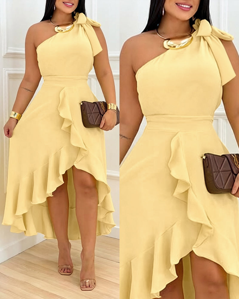 One Shoulder Ruffle Hem Dress Bow Tie Shoulder High-Low Hem Irregular