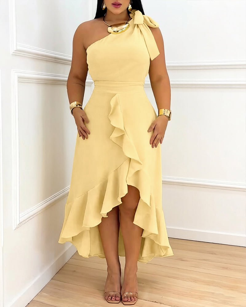 One Shoulder Ruffle Hem Dress Bow Tie Shoulder High-Low Hem Irregular