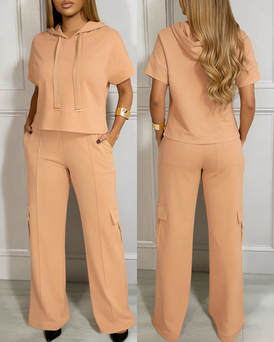 CHICME Women's Solid Hooded Short Sleeve Top and Wide Leg Cargo Pants Set 2-Piece Knit Loungewear Set