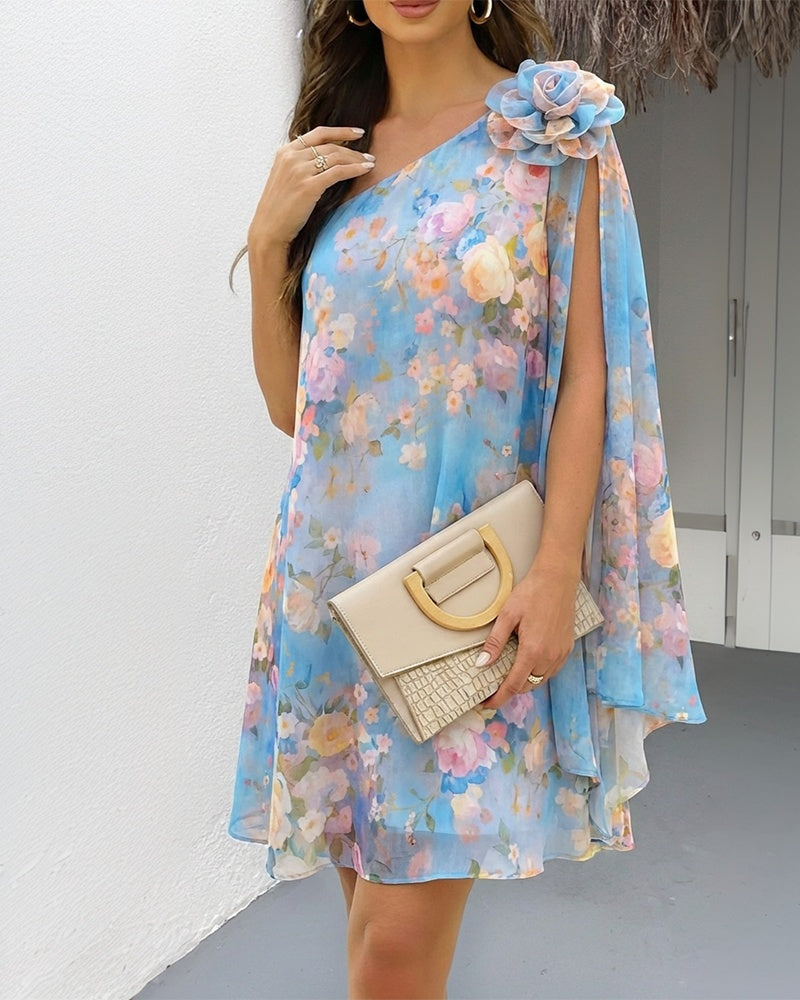 Floral Print One-Shoulder Chiffon Dress 3D Floral