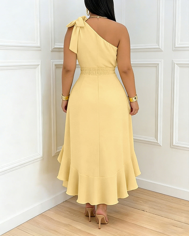 One Shoulder Ruffle Hem Dress Bow Tie Shoulder High-Low Hem Irregular