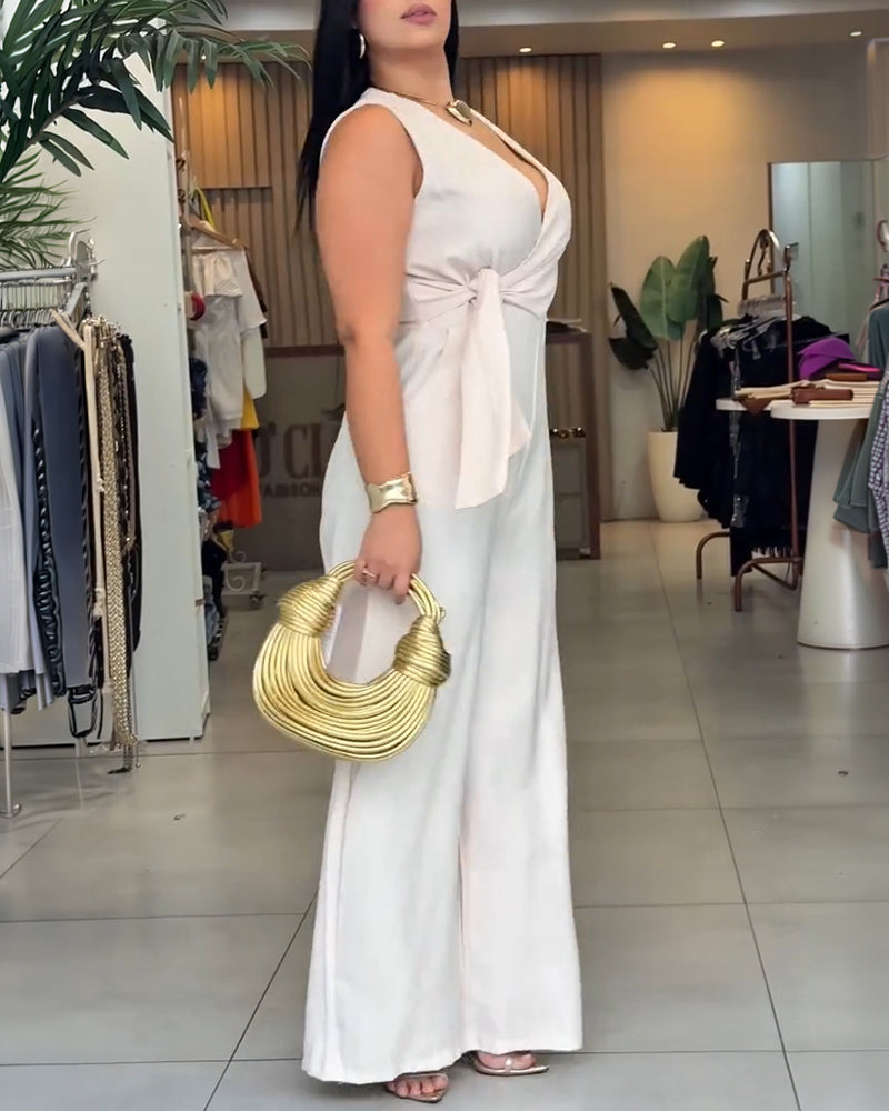 Overlap V-Neck Sleeveless Wide Leg Jumpsuit High Waist Tie-Waist Romper