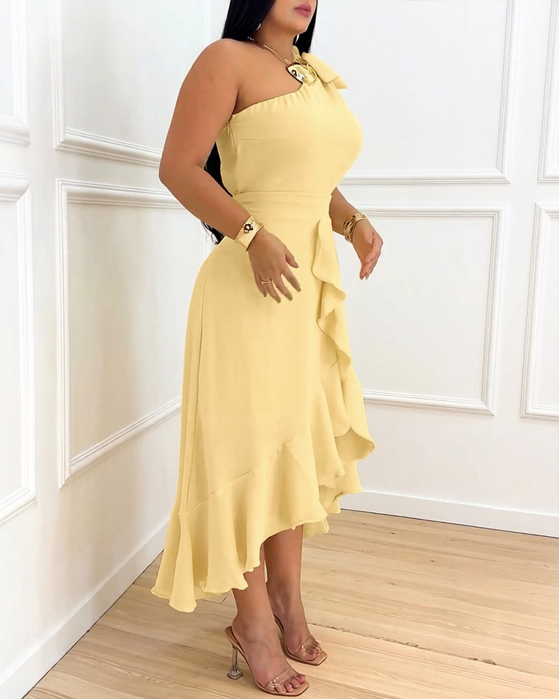 One Shoulder Ruffle Hem Dress Bow Tie Shoulder High-Low Hem Irregular