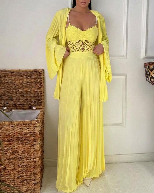 CHICME Women's 3 Piece Set Lace Camisole Top and Pleated Wide Leg Pants and Bell Sleeve Open Front Cardigan with Pearl Straps