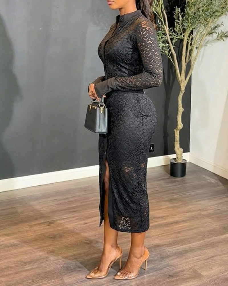 Stand Collar Floral Lace Mid-length Dress Long Sleeve Button Dress