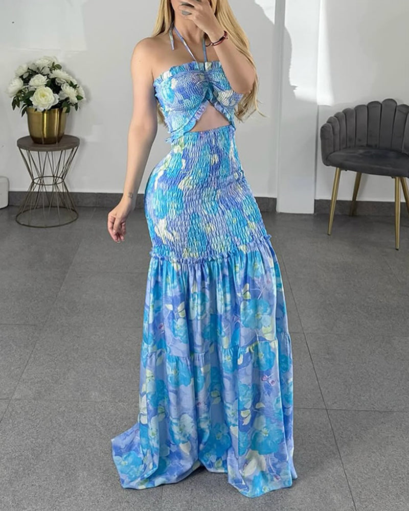 Floral Halter Maxi Dress Cutout High Waisted Shirred Mermaid Dress