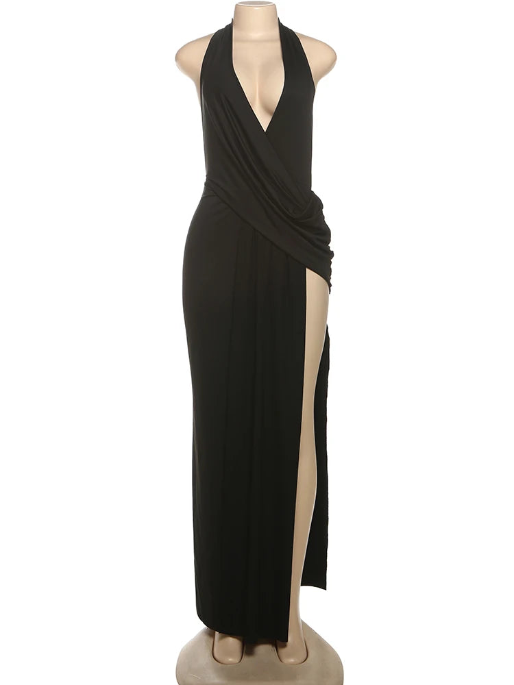 Selene Plunge Halter Draped Maxi with Slit