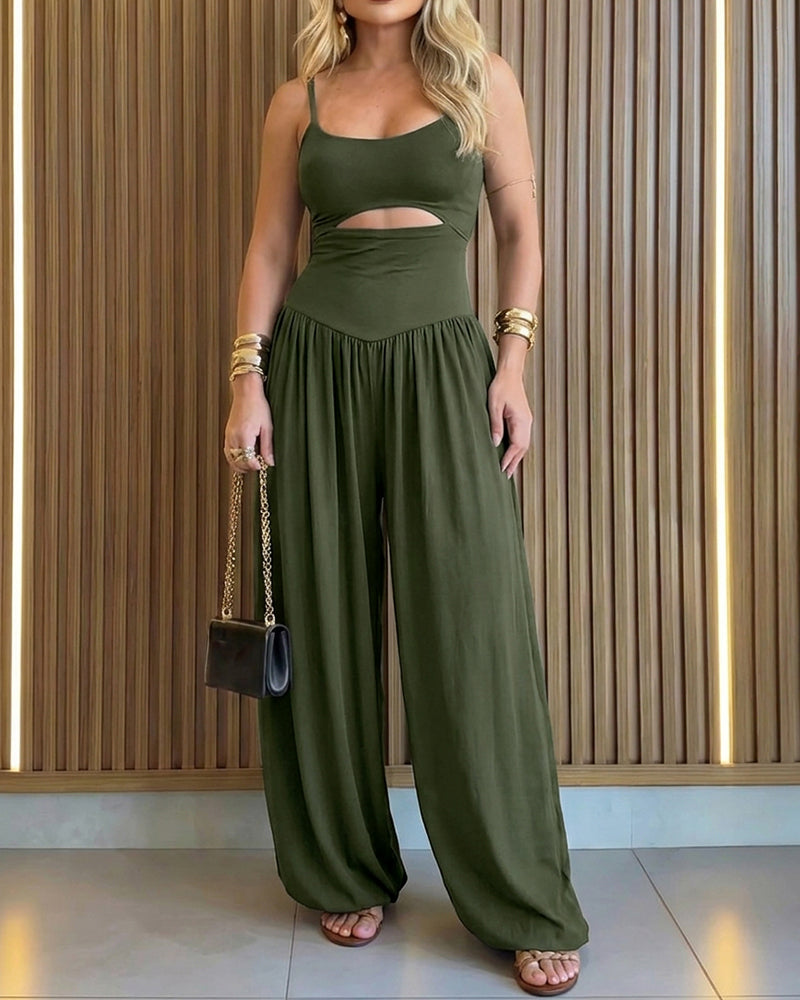 Cut-out Waist Cami Jumpsuit Backless Tie-Back Lantern Romper Ruched